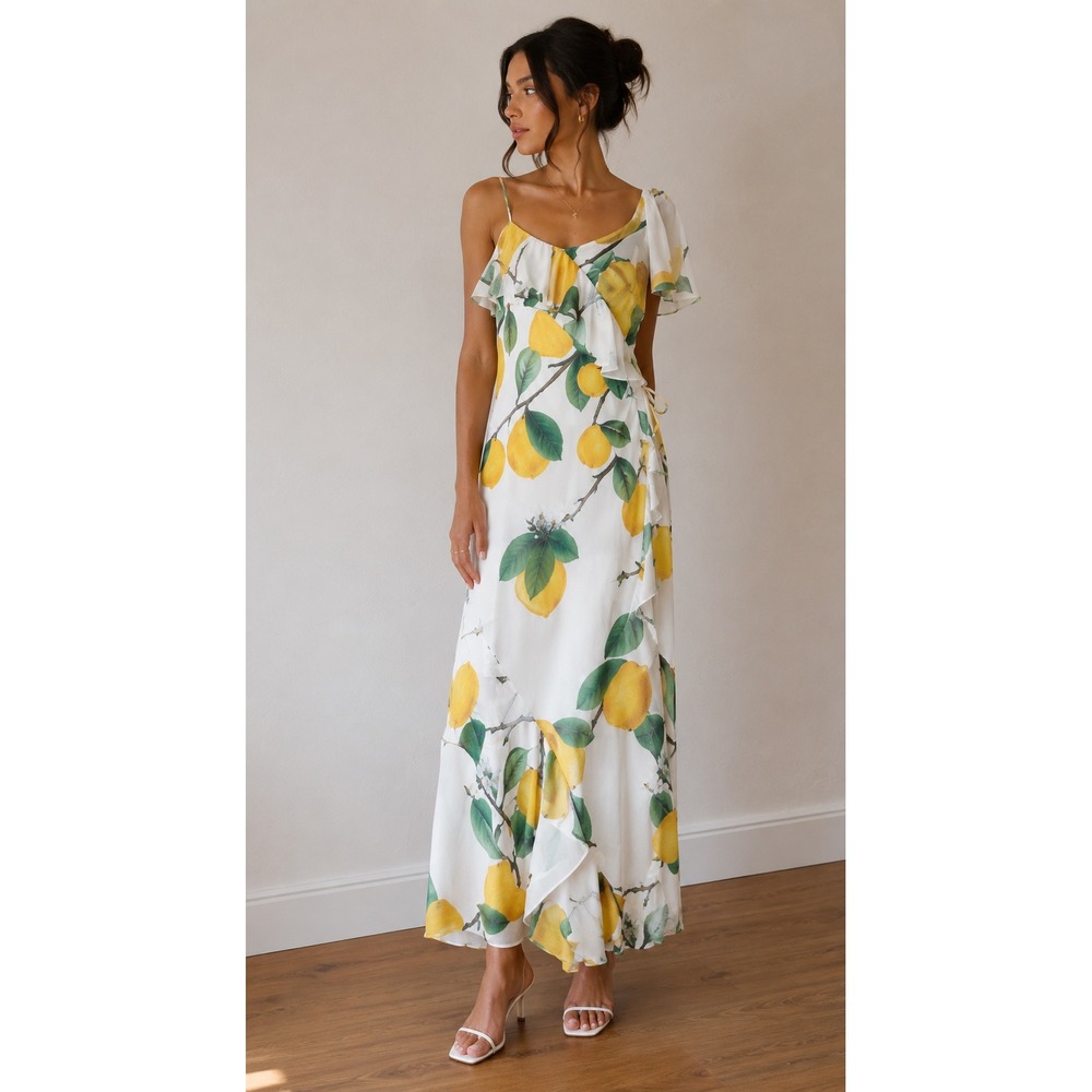Azulu White Lemon Print One Shoulder Ruffle Maxi Dress Size 6 Summer Resort NWT